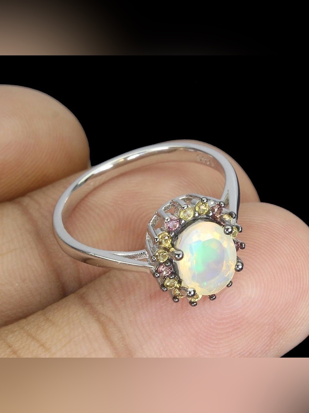 Enchanting Fire Opal Diamond Cut Sapphire halo 925 Sterling Silver Ring Sz 7 - Picture 11 of 13